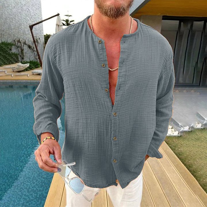 Pánská košile z bavlny a lnu v jednobarevném provedení s dlouhým rukávem 37130279X