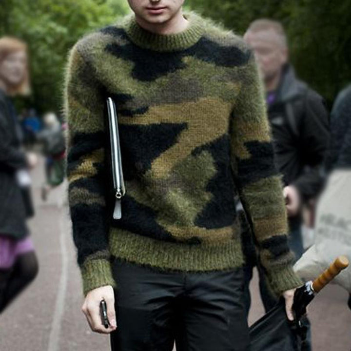 Pánský svetr ve vintage stylu s kamuflážním vzorem jacquard 79045048Y
