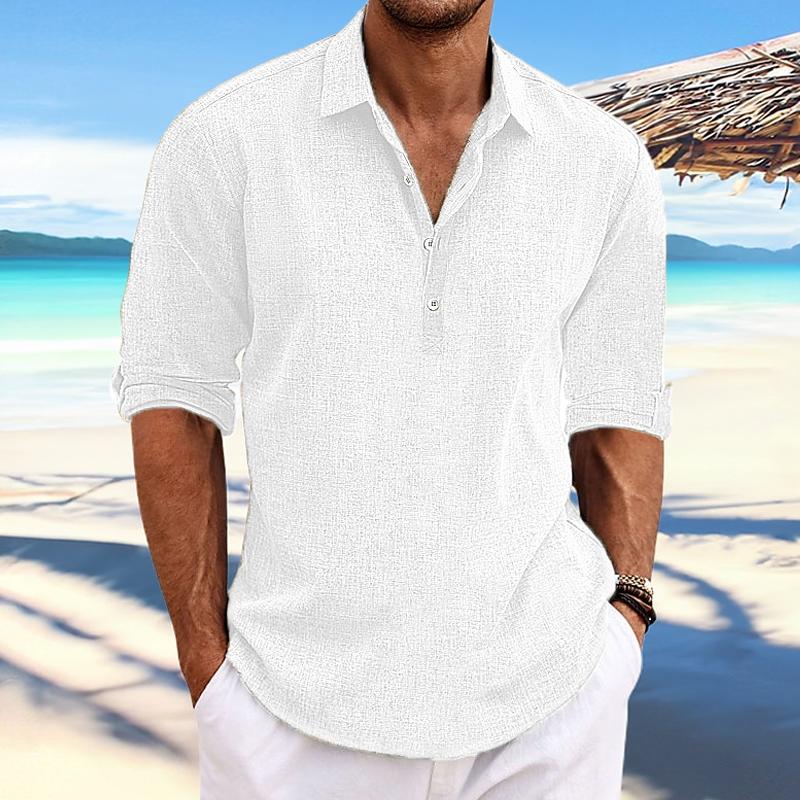 Pánská Casual Košile Pullover s Límcem, Rukávy z Lnu a Bavlny, Dlouhé Rukávy 41061054Y