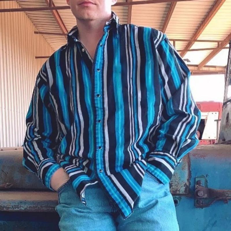 【24-hodinové doručení】Pánská košile v westernovém stylu s pruhovaným potiskem na dovolenou s dlouhým rukávem 43560067X