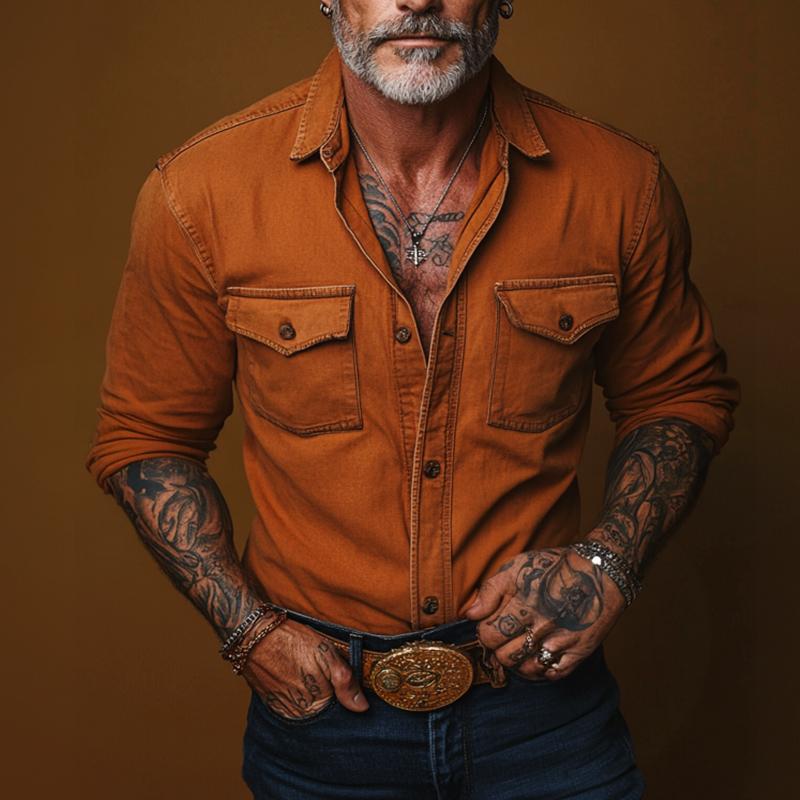 Pánská retro casual košile s dlouhým rukávem a kapsou 51033666TO