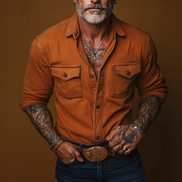 Pánská retro casual košile s dlouhým rukávem a kapsou 51033666TO