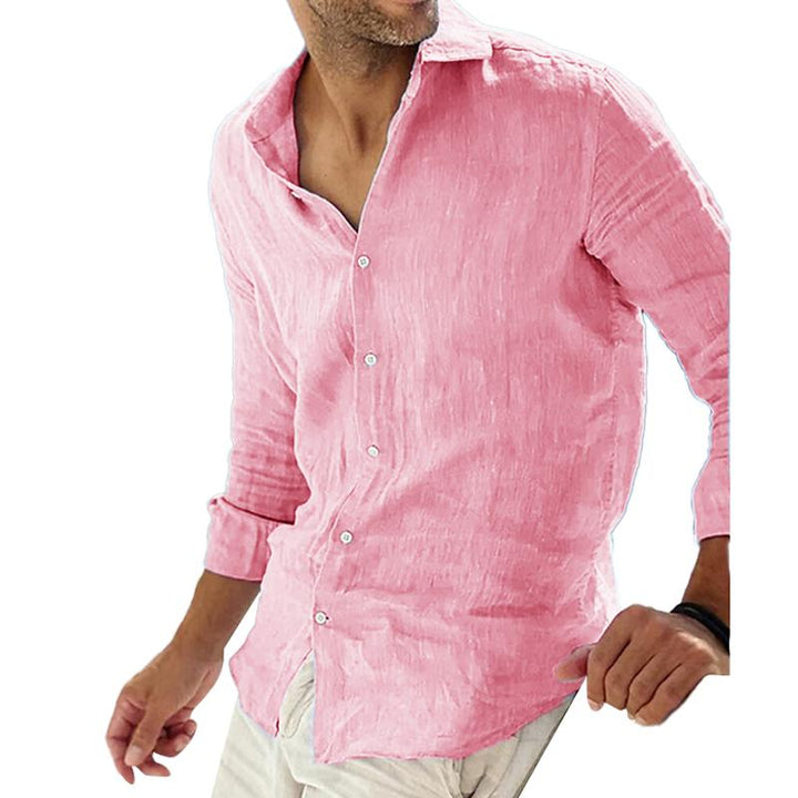 Pánská Jednobarevná Casual Košile s Lněným Límcem, Prodyšná, Dlouhý Rukáv 78653851Y
