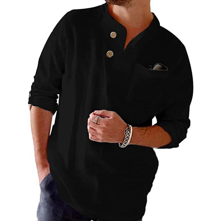 Pánská košile z bavlny a lnu, volná, casual, jednobarevná, s ohrnutými rukávy, dlouhý rukáv 77171009X