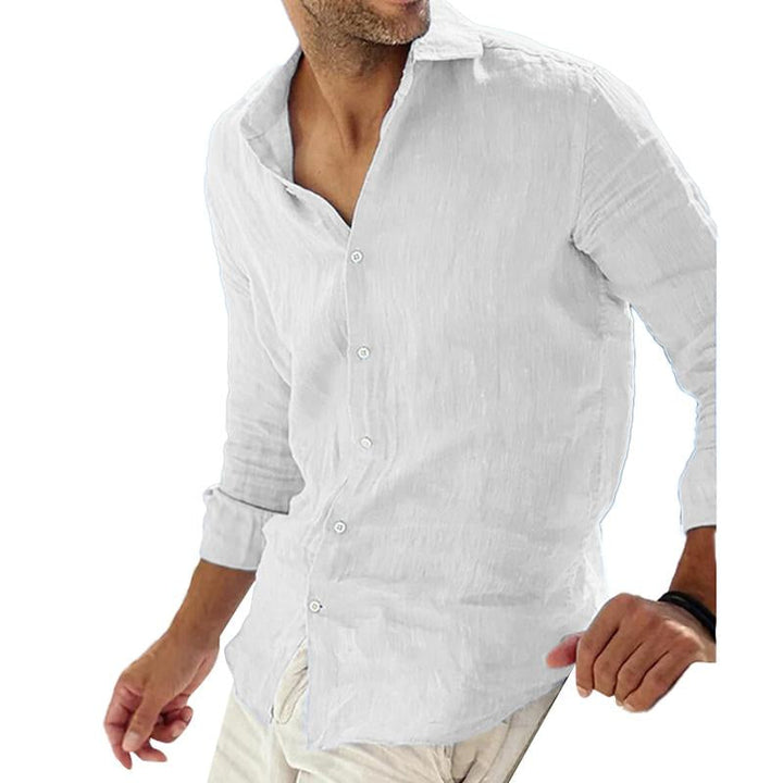 Pánská Jednobarevná Casual Košile s Lněným Límcem, Prodyšná, Dlouhý Rukáv 78653851Y