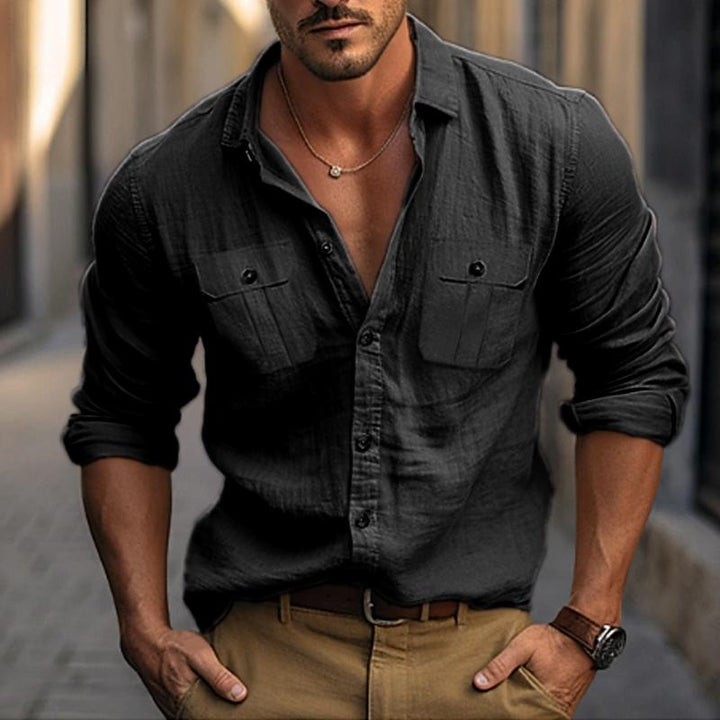 Pánská košile s dlouhým rukávem z bavlny a lnu v jednobarevném provedení s dvojitou kapsou 64413169Y