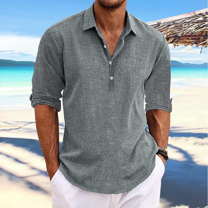 Pánská Casual Košile Pullover s Límcem, Rukávy z Lnu a Bavlny, Dlouhé Rukávy 41061054Y