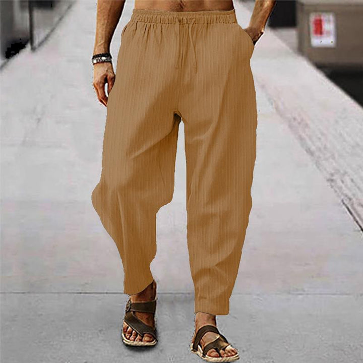 Pánské prodyšné sportovní kalhoty z bavlny a lnu s pruhy 71867122X