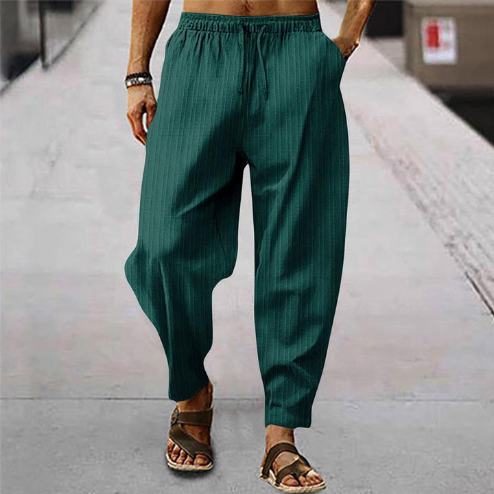 Pánské prodyšné sportovní kalhoty z bavlny a lnu s pruhy 71867122X