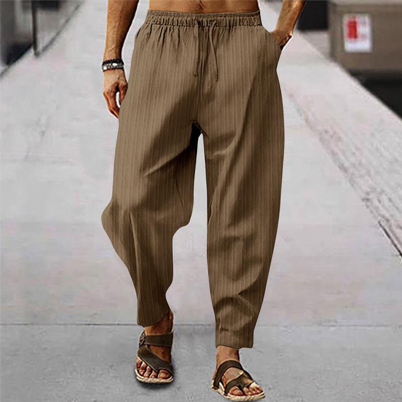 Pánské prodyšné sportovní kalhoty z bavlny a lnu s pruhy 71867122X