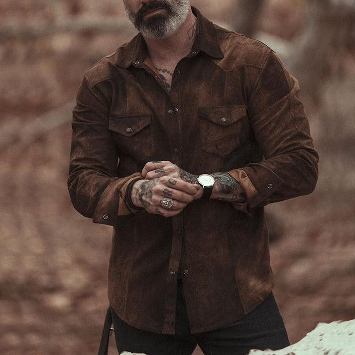 Pánská Vintage Casual Suede Košile s Dlouhým Rukávem s Klopou 31793631TO