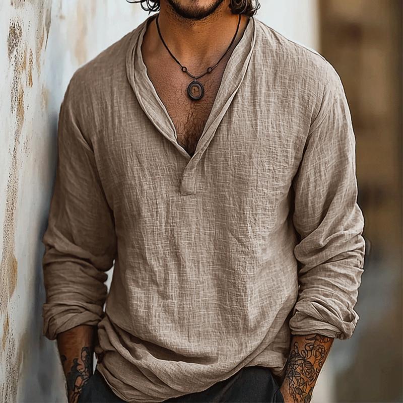 Pánská retro casual košile z bavlny a lnu s dlouhým rukávem 45851855TO