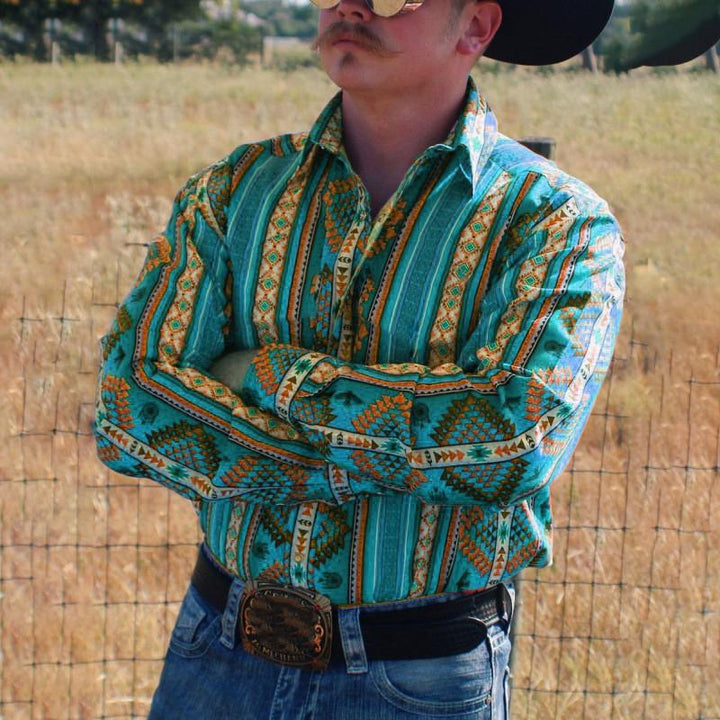 【24-hodinové doručení】Pánská košile v westernovém stylu s pruhovaným potiskem na dovolenou s dlouhým rukávem 43560067X