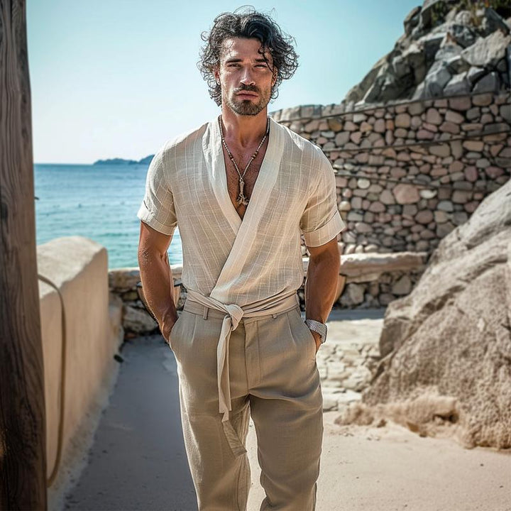 Pánské tričko s krátkým rukávem v retro stylu, kulatý výstřih, surové zakončení 58726427Y