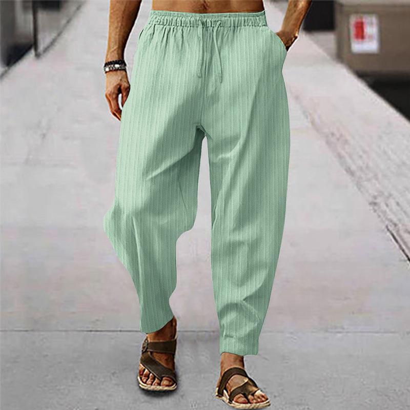 Pánské prodyšné sportovní kalhoty z bavlny a lnu s pruhy 71867122X