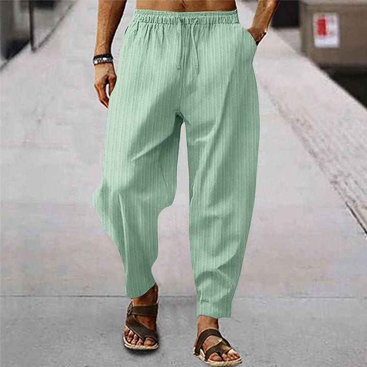 Pánské prodyšné sportovní kalhoty z bavlny a lnu s pruhy 71867122X