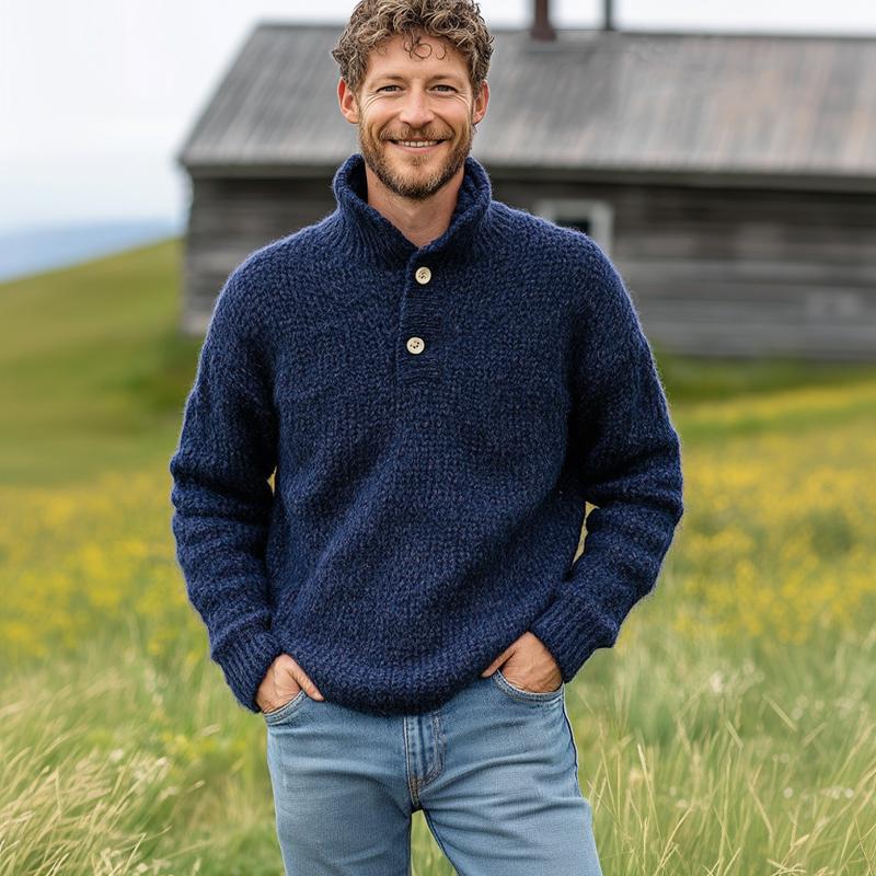 Pánský Vintage Tmavě Modrý Svetr se Dvěma Knoflíky a Stojáčkem 52045838U