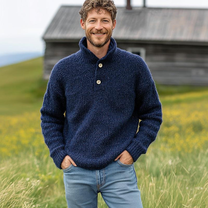 Pánský Vintage Tmavě Modrý Svetr se Dvěma Knoflíky a Stojáčkem 52045838U