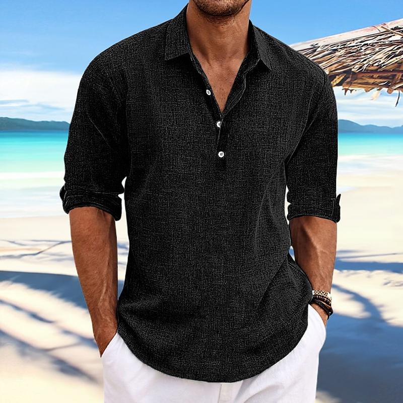 Pánská Casual Košile Pullover s Límcem, Rukávy z Lnu a Bavlny, Dlouhé Rukávy 41061054Y