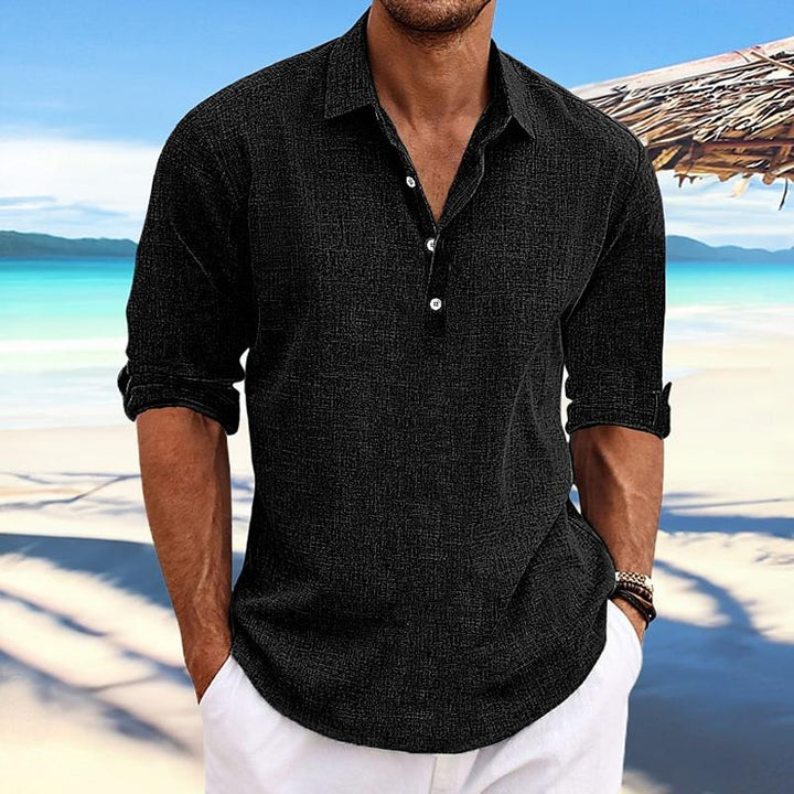 Pánská Casual Košile Pullover s Límcem, Rukávy z Lnu a Bavlny, Dlouhé Rukávy 41061054Y