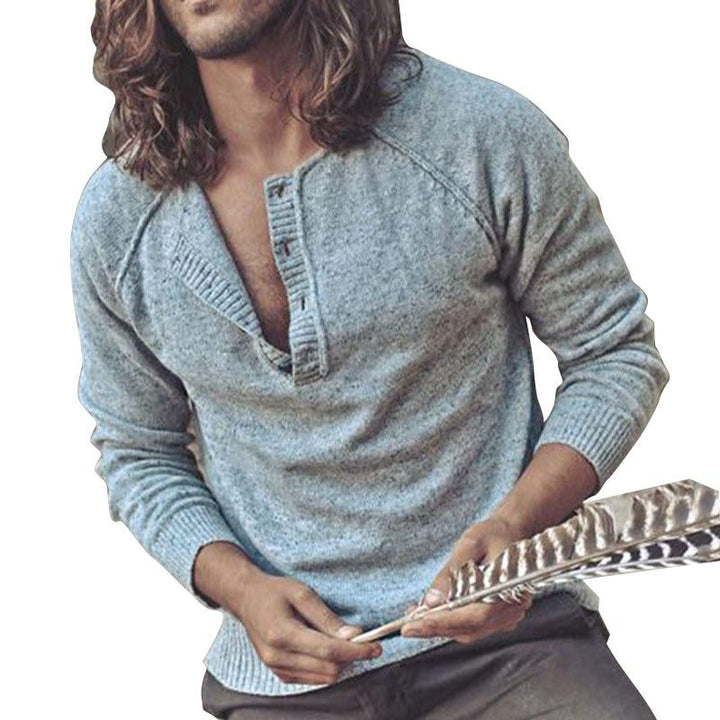 Pánský jednobarevný svetr s V-výstřihem a dlouhým rukávem 60558046Y