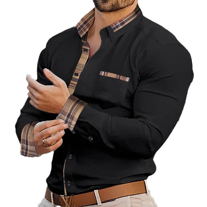 Pánská kostkovaná košile s barevnými bloky, casual, s dlouhým rukávem, s límečkem 70124804X