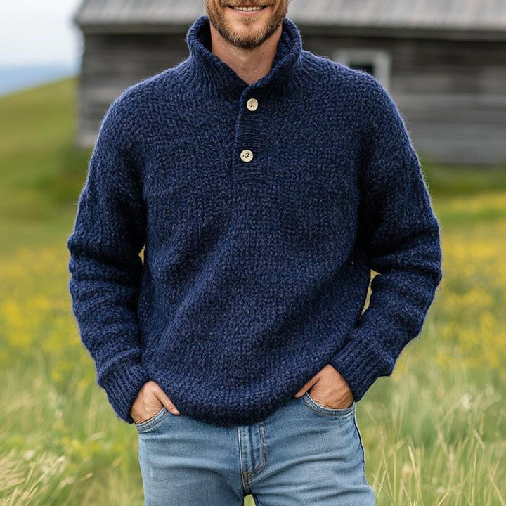 Pánský Vintage Tmavě Modrý Svetr se Dvěma Knoflíky a Stojáčkem 52045838U