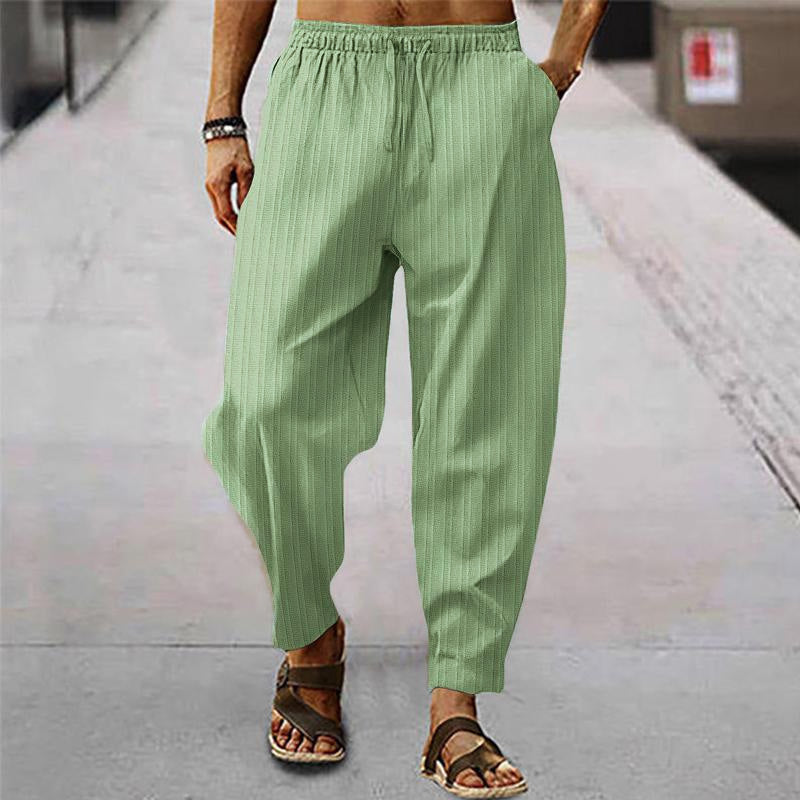 Pánské prodyšné sportovní kalhoty z bavlny a lnu s pruhy 71867122X