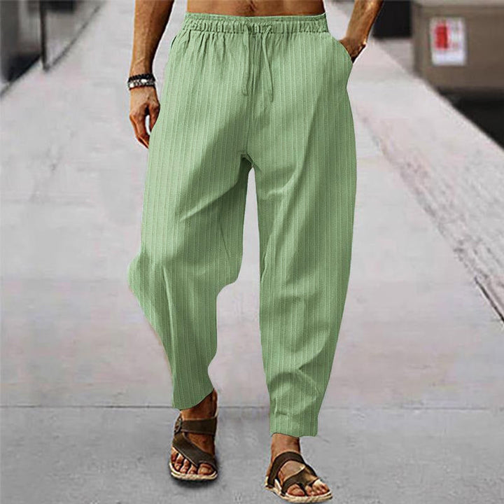 Pánské prodyšné sportovní kalhoty z bavlny a lnu s pruhy 71867122X