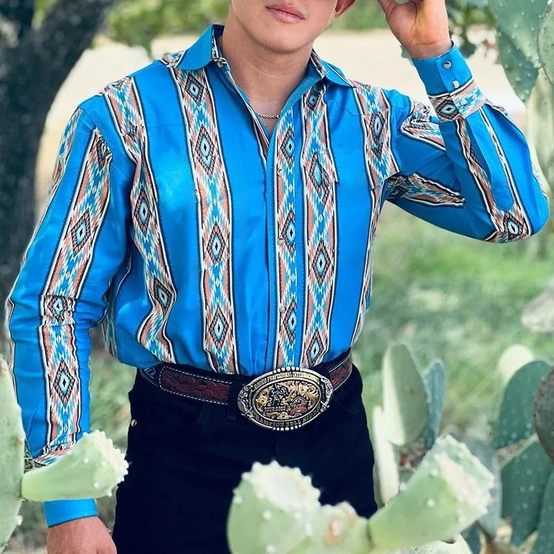 Pánská džínsová košile ve westernovém stylu s límečkem a dlouhým rukávem 35190529X