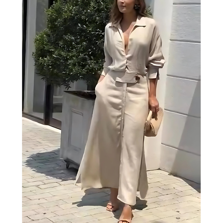 Barbara | Maxi šaty z bavlny a lnu s knoflíky a páskem v pase