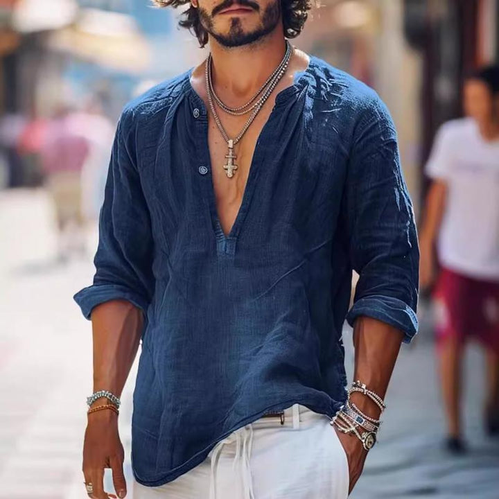 Pánská Vintage Košile s Knoflíky V-Neck s Dlouhým Rukávem 16011016Y