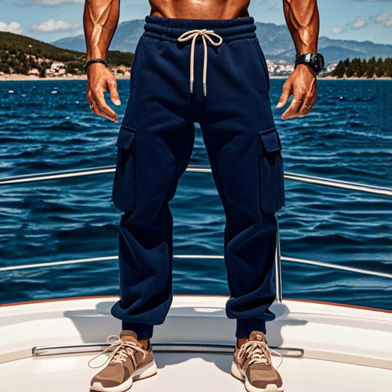 Pánské jednobarevné plyšové sportovní kalhoty s elastickým pasem a mnoha kapsami 92171594Z