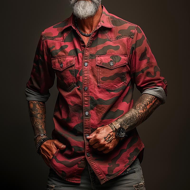 Pánská cargo košile v camouflage s klopou a kapsou na prsou 17623334Z