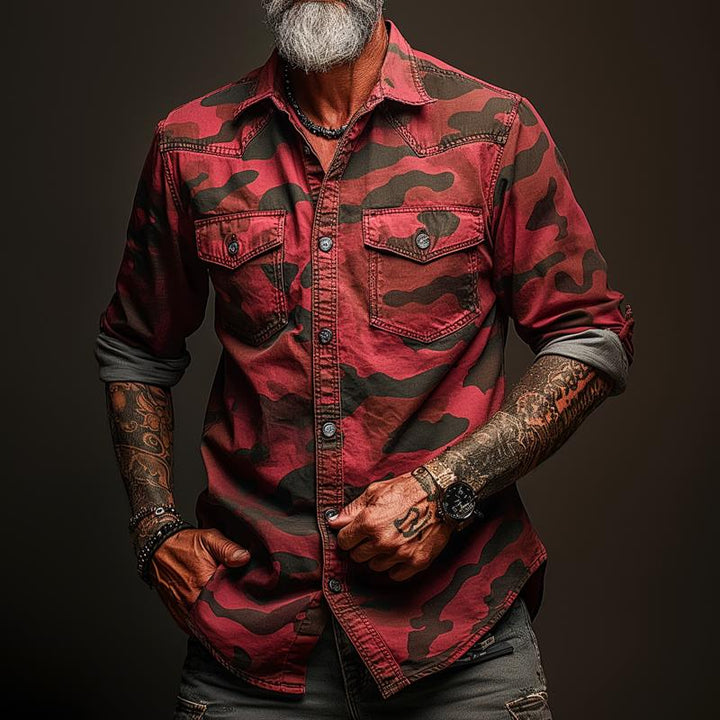 Pánská cargo košile v camouflage s klopou a kapsou na prsou 17623334Z