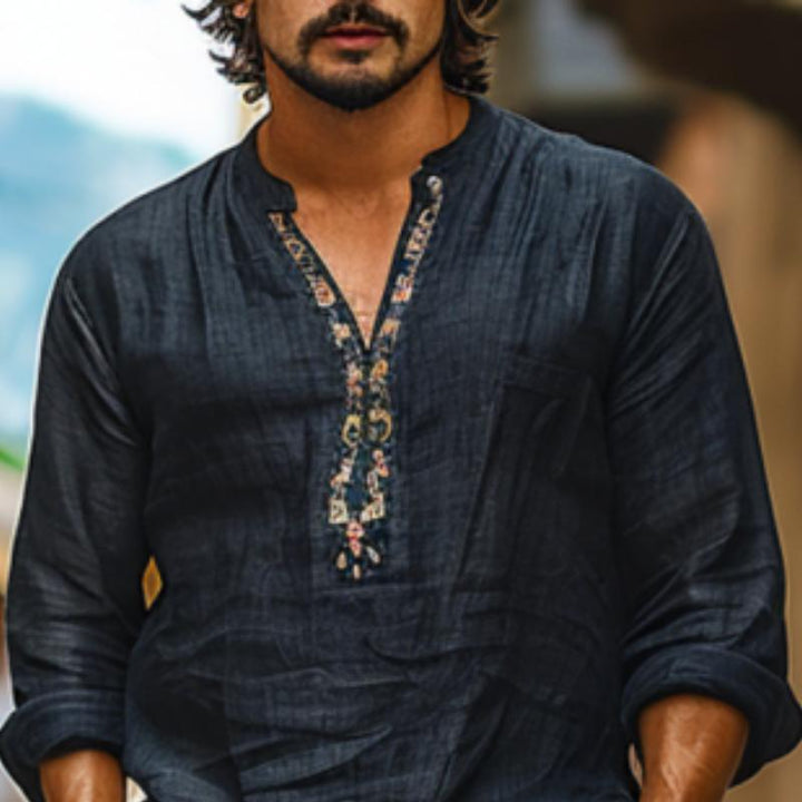 Pánská košile z bavlny a lnu, prodyšná, s potiskem, s výstřihem do V, dlouhý rukáv 44077225Y