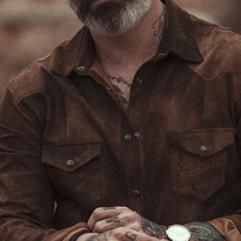 Pánská Vintage Casual Suede Košile s Dlouhým Rukávem s Klopou 31793631TO