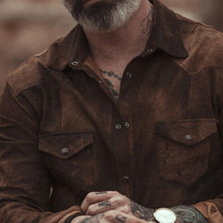 Pánská Vintage Casual Suede Košile s Dlouhým Rukávem s Klopou 31793631TO