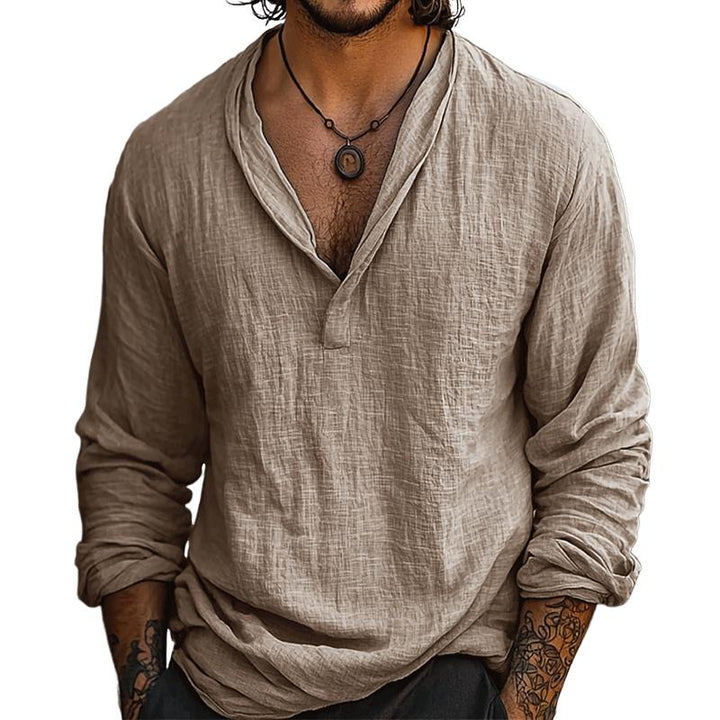 Pánská retro casual košile z bavlny a lnu s dlouhým rukávem 45851855TO