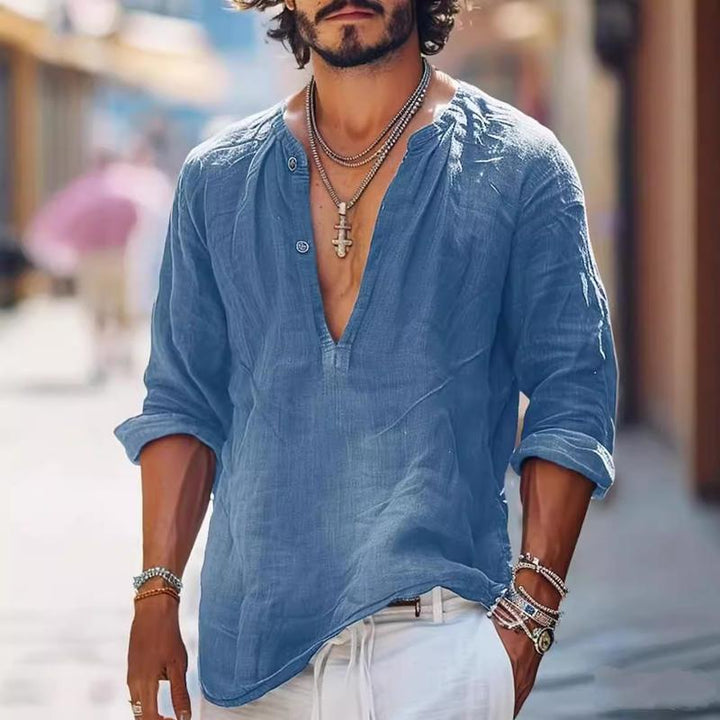 Pánská Vintage Košile s Knoflíky V-Neck s Dlouhým Rukávem 16011016Y