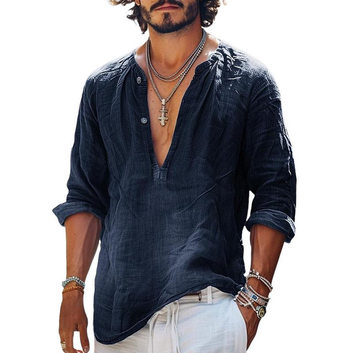 Pánská Vintage Košile s Knoflíky V-Neck s Dlouhým Rukávem 16011016Y