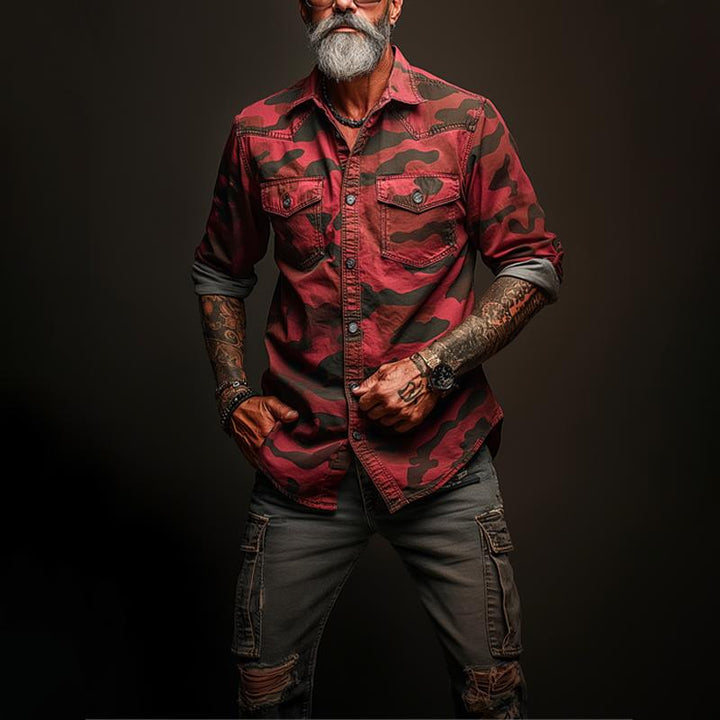 Pánská cargo košile v camouflage s klopou a kapsou na prsou 17623334Z