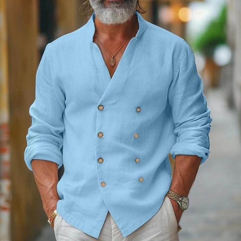 Pánská košile z bavlny a lnu s stojáčkem, dvojitě zapínaná na knoflíky, s dlouhým rukávem 17140848Z