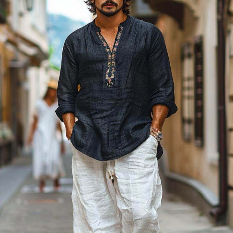 Pánská košile z bavlny a lnu, prodyšná, s potiskem, s výstřihem do V, dlouhý rukáv 44077225Y