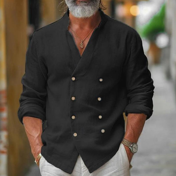 Pánská košile z bavlny a lnu s stojáčkem, dvojitě zapínaná na knoflíky, s dlouhým rukávem 17140848Z