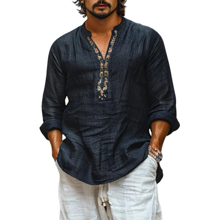 Pánská košile z bavlny a lnu, prodyšná, s potiskem, s výstřihem do V, dlouhý rukáv 44077225Y