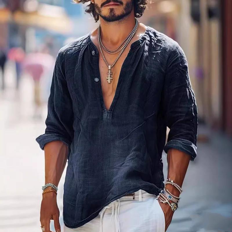 Pánská Vintage Košile s Knoflíky V-Neck s Dlouhým Rukávem 16011016Y