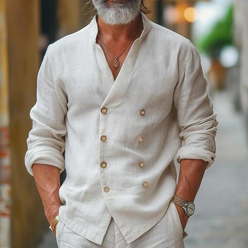 Pánská košile z bavlny a lnu s stojáčkem, dvojitě zapínaná na knoflíky, s dlouhým rukávem 17140848Z