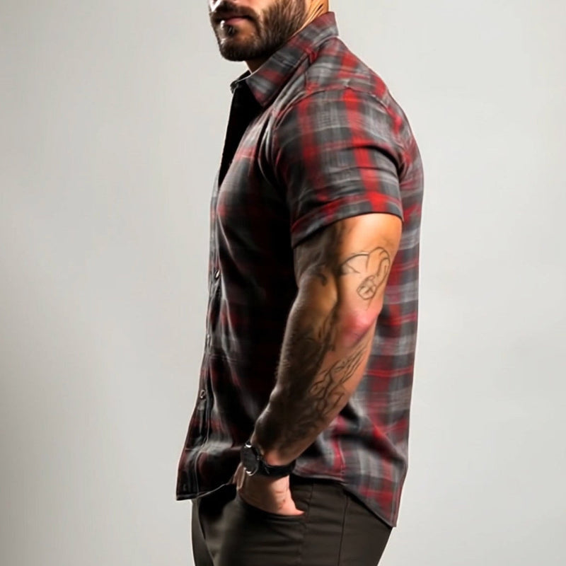 【24-hodinové odesílání】Pánská retro casual košile s krátkým rukávem a límečkem v kostkovaném vzoru MTA1782C7TO