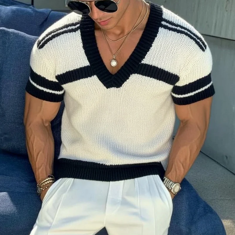 【24-hodinové dodání】Pánský casual svetr s výstřihem do V, slim fit, krátké rukávy, T-shirt pletenina 13072472M